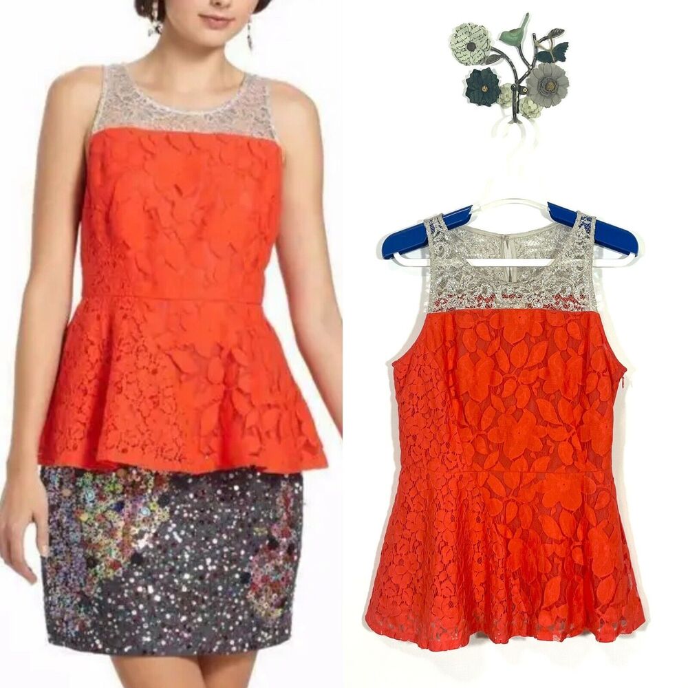 Moulinette Soeurs Glitzen Lace Peplum Tank Size 8 Orange Red Motif Anthropologie